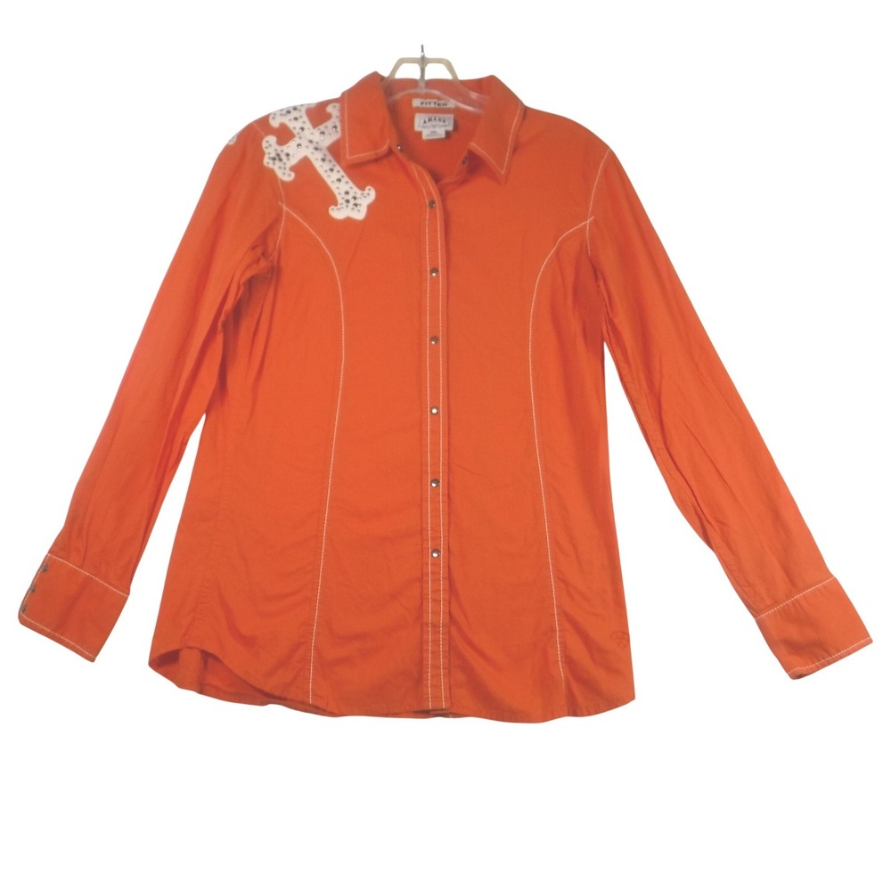 Ariat Womens Orange Studded Cross Western Pearl Snap Shirt Fitted Medium